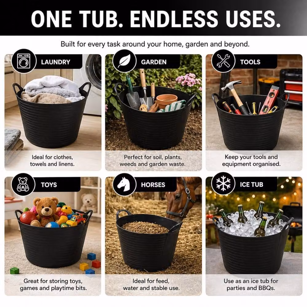 SPETLEK Black Flexible Plastic Garden Builders Bucket for Storage – 4