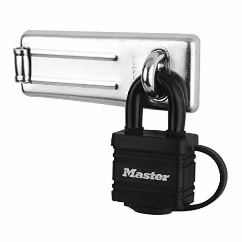 Master Lock Door Hasp and Keyed Padlock Set in Black Steel