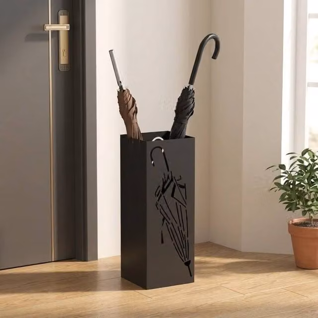 STILVORA Black Metal Umbrella Stand with 4 Hooks and Removable Drip Tray – 1