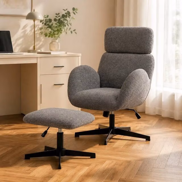 STILVORA Grey Velvet 360 Degree Swivel Armchair and Footstool Set with Metal Frame