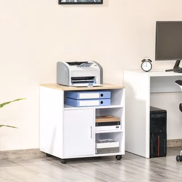 HOMCOM Modern Multi-Storage Printer Unit with 5 Compartments and Wheels in Oak Beige