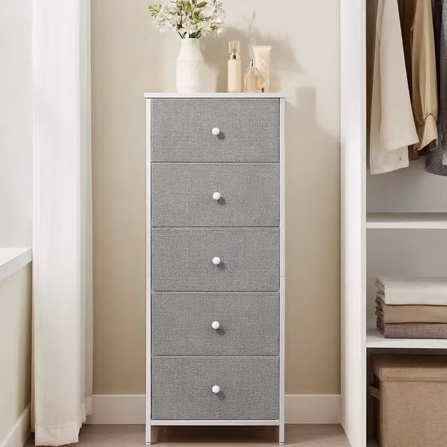 SONGMICS Slim Chest of Drawers with 5 Fabric Drawers and Metal Frame in Grey