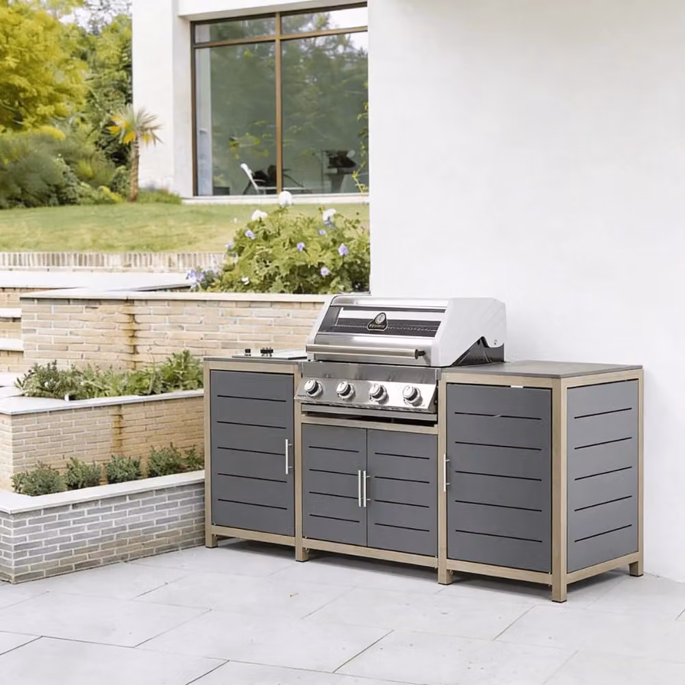 Atkin & Thyme Savannah Birch 4 Burner Deluxe Built-in Outdoor Kitchen in Grey with Stainless Steel and Cast Iron Details