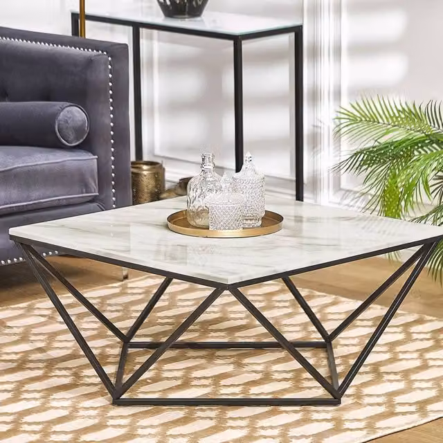 Wyld and Coco Beige Marble Effect Square Coffee Table with Black Geometric Metal Base