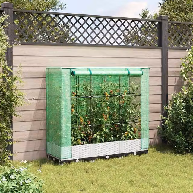Berkfield Home Raised Bed with Greenhouse Cover in White Rattan Look, W/D/H: 120 x 40 x 123 cm – 1