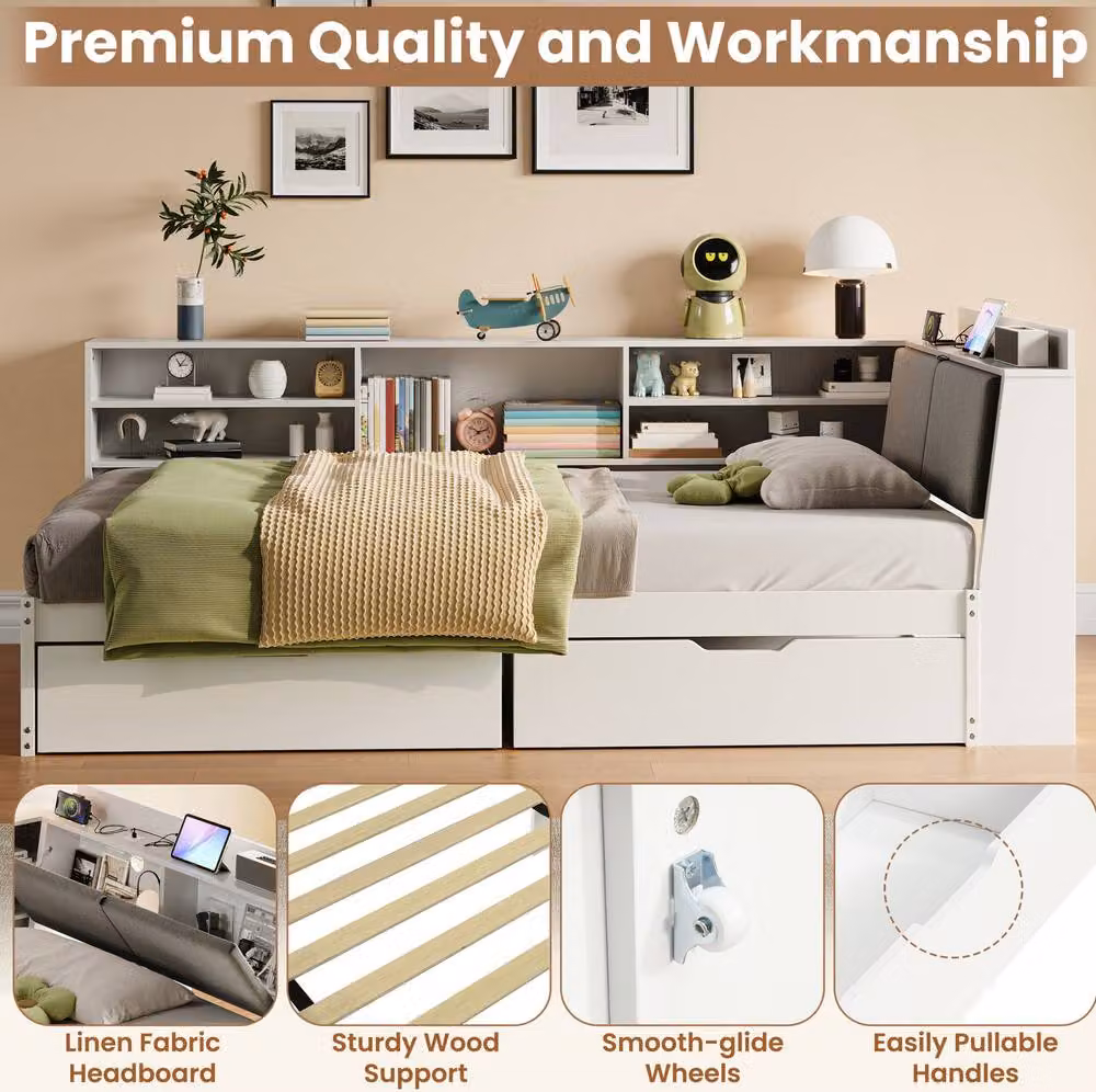 STILVORA Single Day Bed with Storage Drawers and USB Charging Port, White, W/D/H: 90 x 190 cm – 3