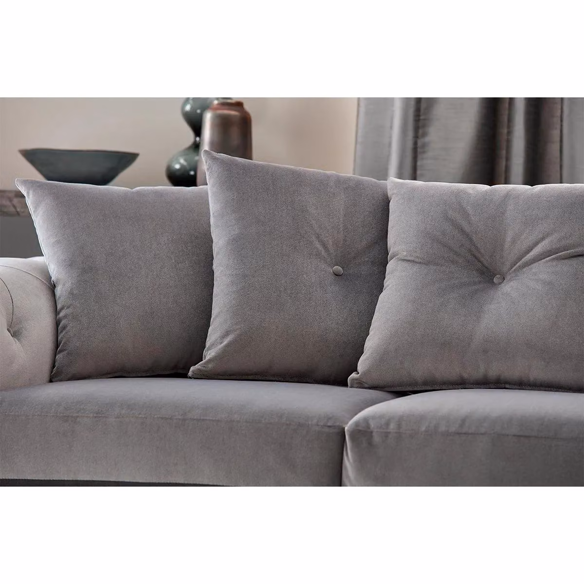 Furnishings For Less UK Derby 3 Seater Grey Fabric Velvet Sofa with Scatter Cushions and Scroll Arms – 2