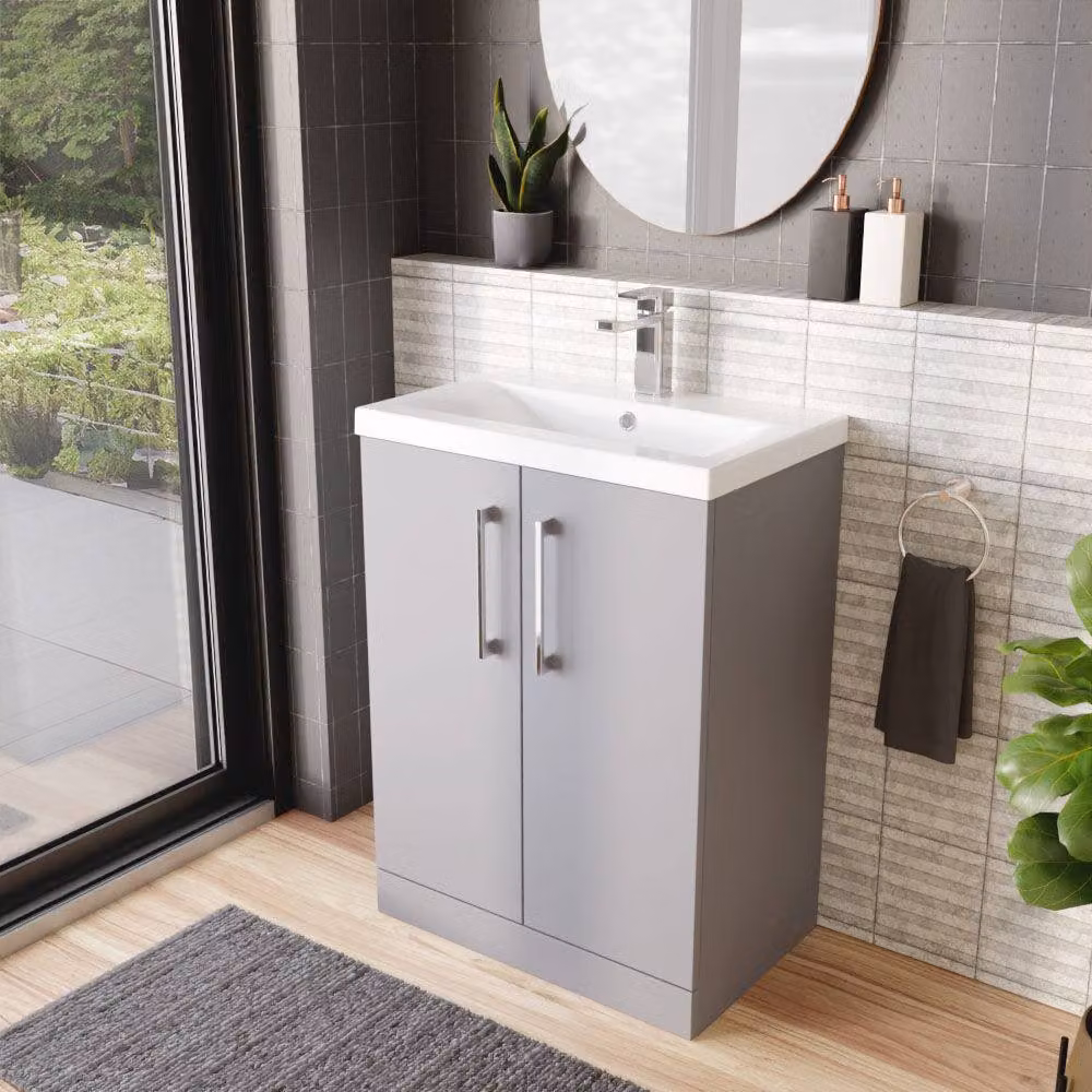 Balterley Modern Bathroom Floor Standing Vanity Unit with 2 Soft Close Doors and Rectangular Mid-Edge Basin, Satin Grey, W: 60 x D: 39 x H: 84 cm – 4