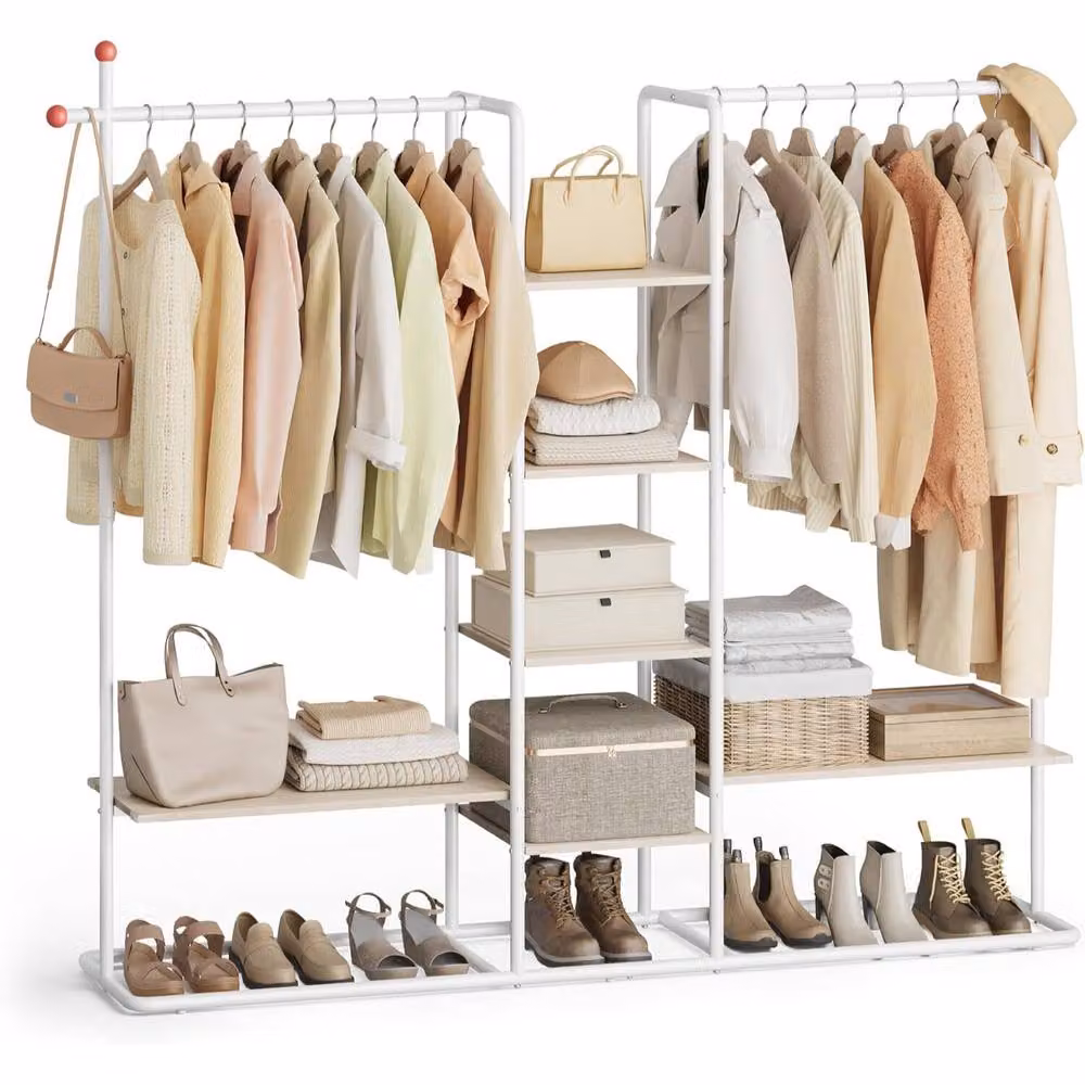 The Bazaarist Double Rail Garment Rack with Storage Shelves and Shoe Rack, Beige and White – 2