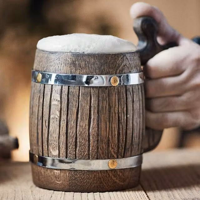 NOVECRAFTO Handmade Solid Wood Beer Mug in Brown with Metal Ring