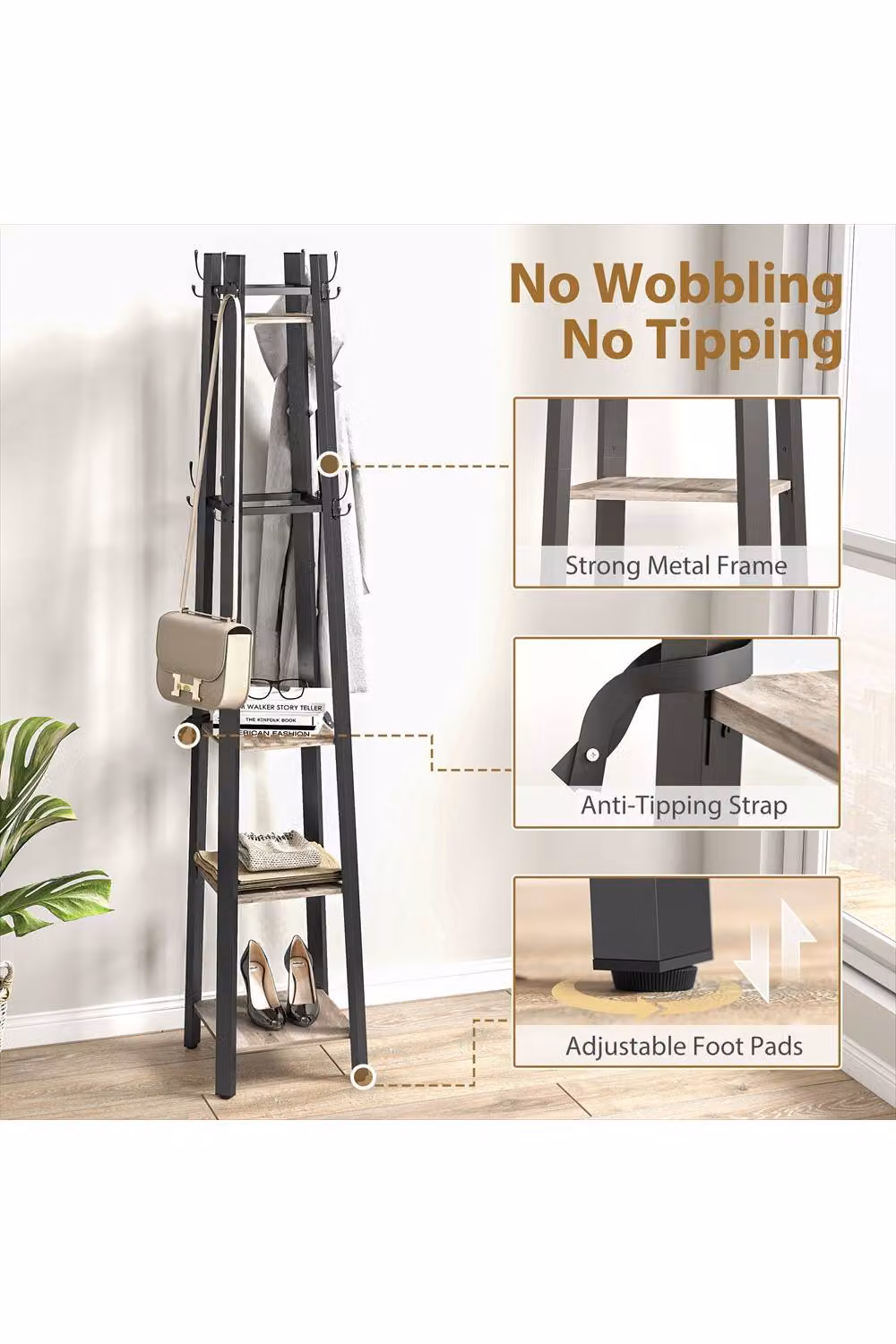 ERGOVEXA Industrial-Style Four Shelf Coat Stand in Grey and Black – 2