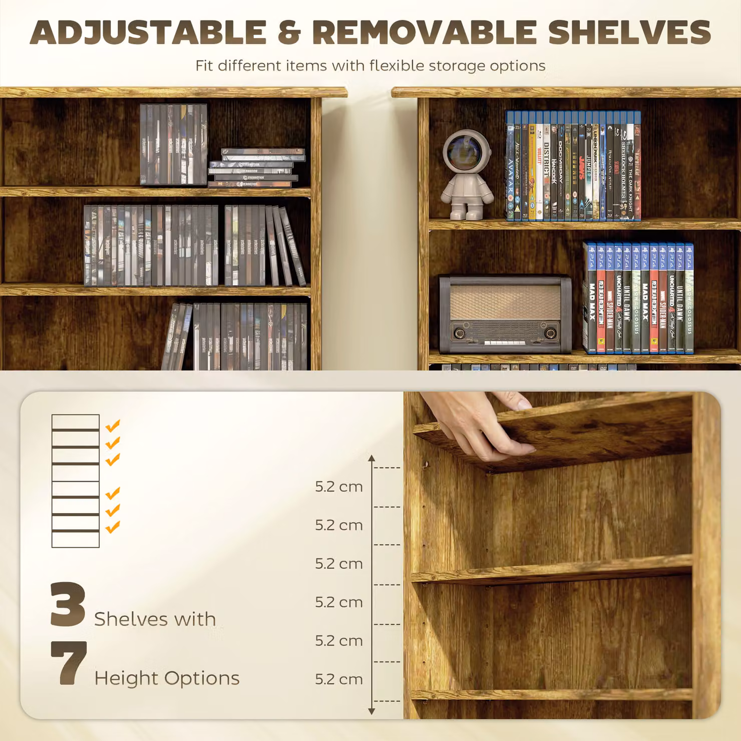HOMCOM Rustic Brown CD Storage Unit with Adjustable Shelves and Media Compartments – 4