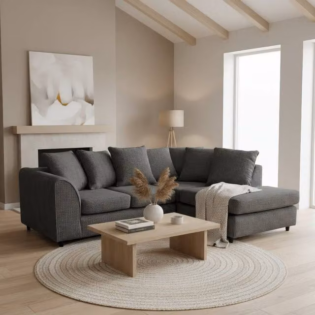 Abakus Direct Jumbo Chenille L-Shaped Corner Sofa with Chaise Extension, Black, Right Hand Facing
