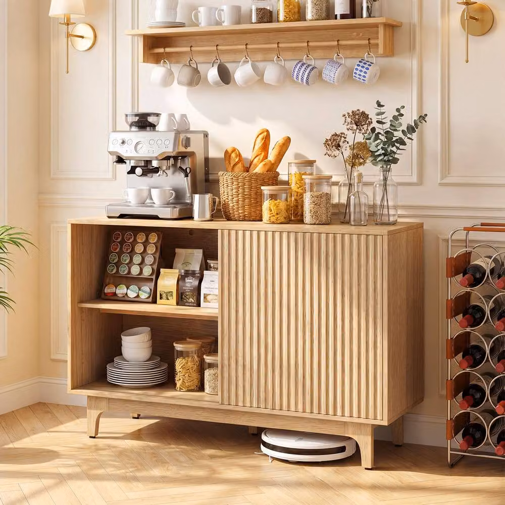 Gymax Fluted Sideboard Buffet Cabinet with Sliding Doors in Natural Sand Wood Finish – 2