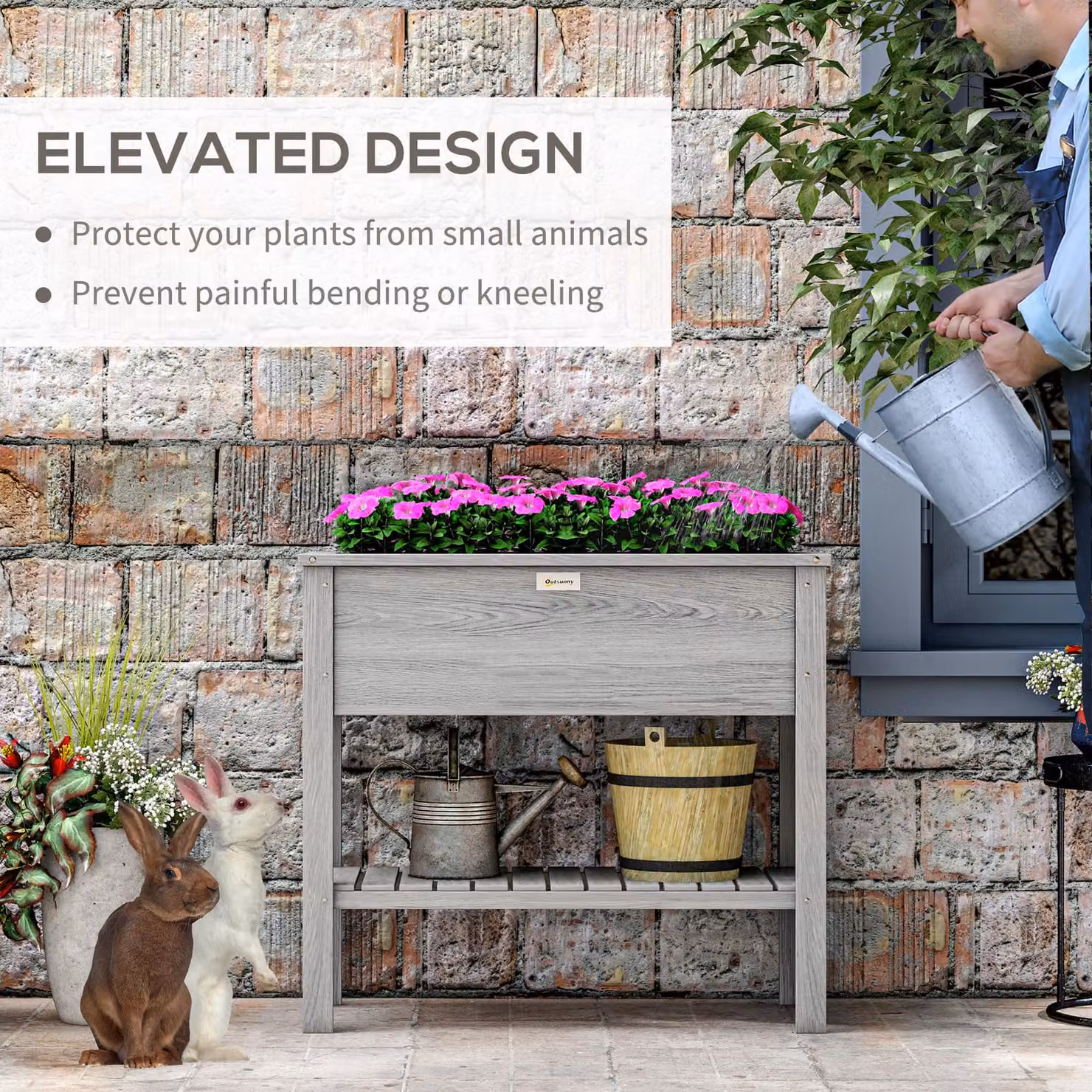 Outsunny Grey Wooden Raised Garden Bed with Storage Shelf and Drainage Holes – 4