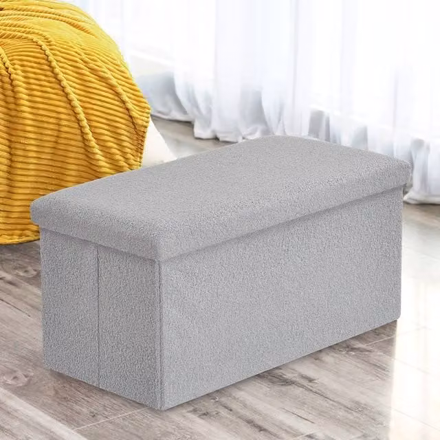 Home Republic Teddy Boucle Foldable Storage Ottoman in Silver Grey, W/D/H: 76.0 x 38.0 cm