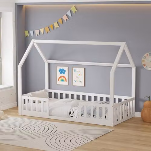 WestWood White Solid Pine Wood House Shaped Montessori Toddler Floor Bed Frame with Split Guard Rails, 90 x 190 cm – 1