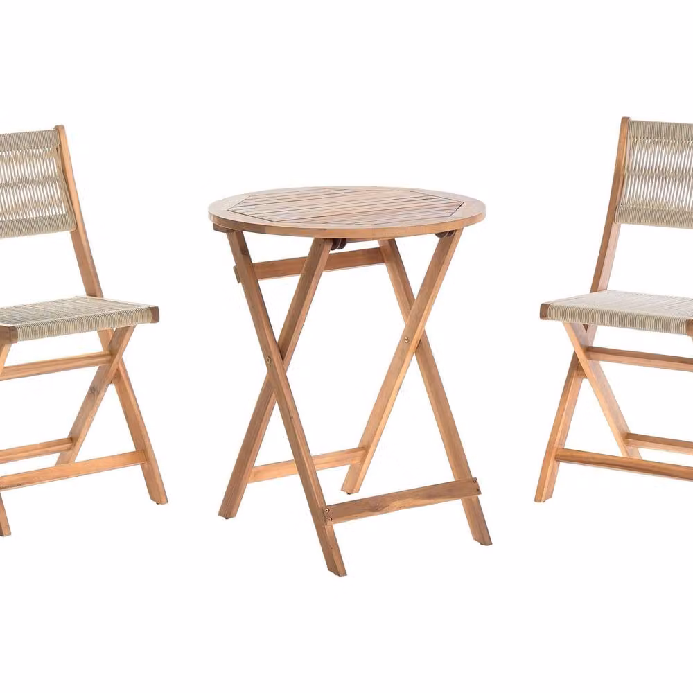 Wyld and Coco 3 Piece Beige Acacia Wood Bistro Set with Folding Slatted Design – 2
