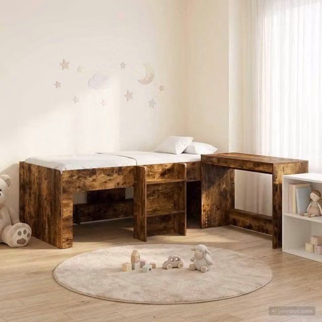 Berkfield Home Kids High Bed Frame with Desk and Stairs in Smoked Oak Brown