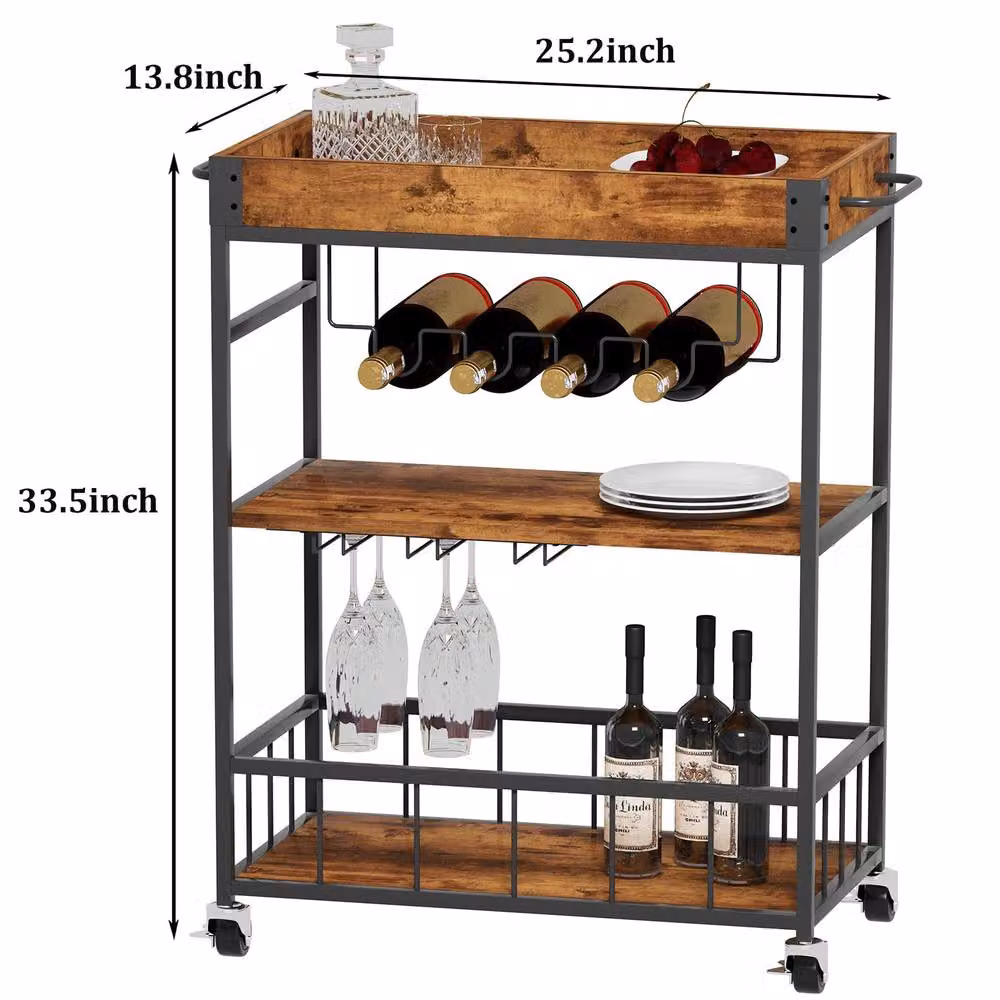 Huhote 3-Tier Industrial Bar Cart with Wine Rack and Handle Serving Trolley in Brown – 7