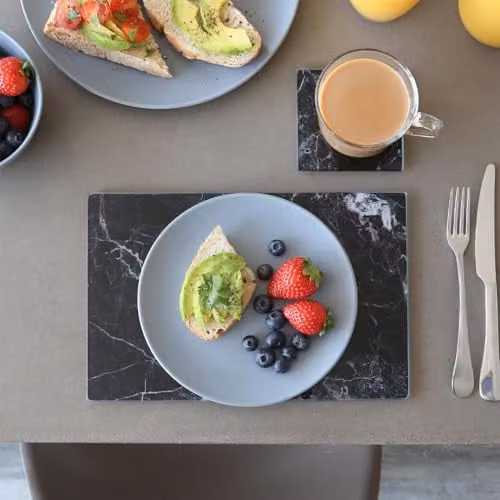 Harbour Housewares 12pc Black Marble Effect Glass Placemats and Round Coasters Set, W: 30 cm, D: 20 cm – 4