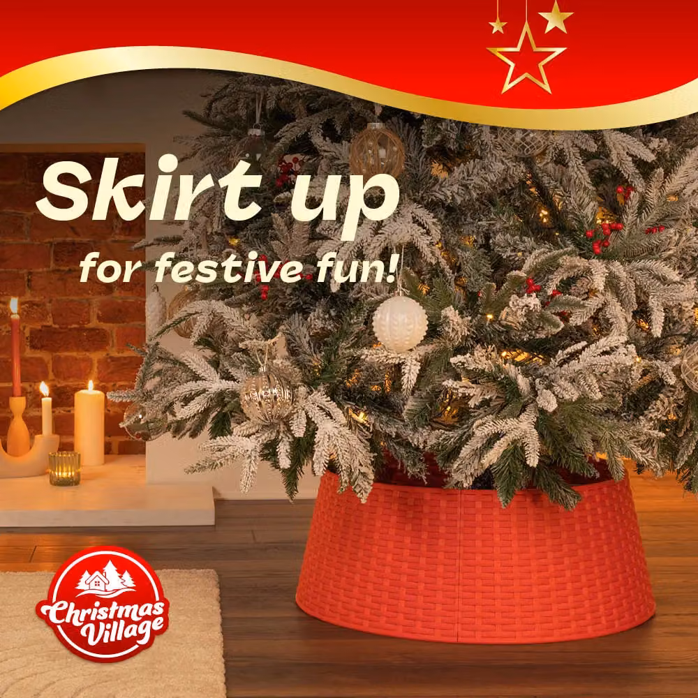 Christmas Village Round Faux Rattan Christmas Tree Skirt in Black and Red, Base Diameter: 65 cm – 2