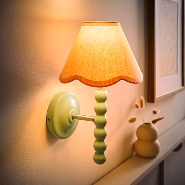 Bobbins Sage Wall Light with Trim Scallop Shade in Rose Pink