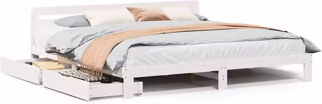 Berkfield Home White Solid Wood Pine Super King Bed Frame with Drawers W/D/H: 180 x 200 cm