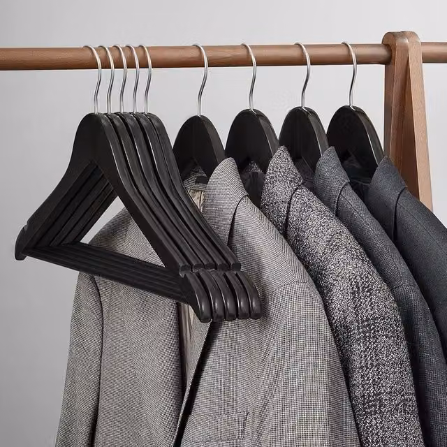 SONGMICS Set of 20 Black Wooden Hangers with Shoulder Notches, Bar and Swivel Hook