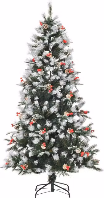 HOMCOM 6ft Artificial Snow Dipped Christmas Pencil Tree with Red Berries and White Pinecones, Green – 1