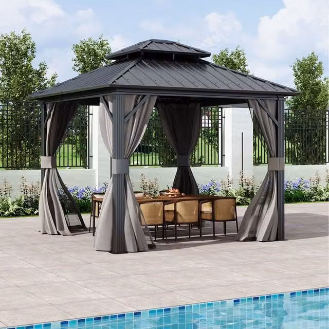 Livingandhome Metal Hardtop Patio Gazebo in Black, W/D: 300 x 300 cm