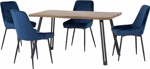 Seconique Quebec Wave Edge Dining Set with 4 Avery Blue Chairs in Oak Finish