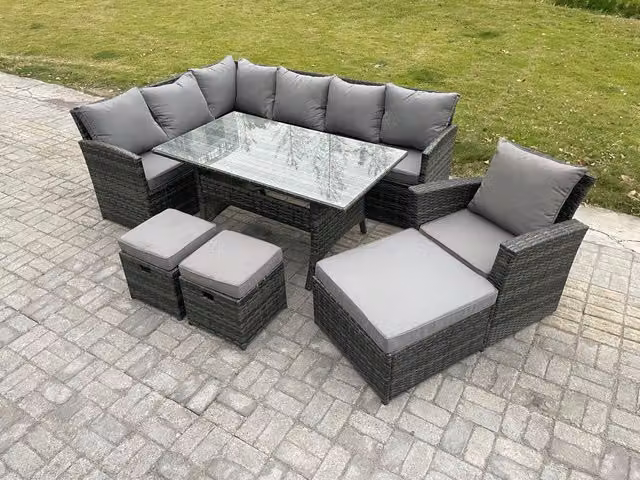 Fimous 10 Seater Outdoor Rattan Garden Furniture Set in Dark Grey with Rectangular Dining Table, Corner Sofa, Armchairs and Footstools
