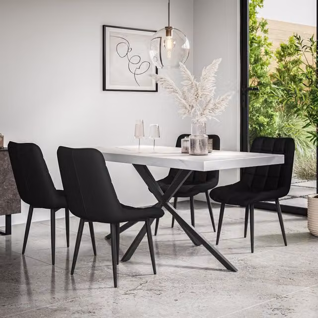 More4Homes Donni Dining Table and 6 Nova Faux Leather Chairs Set, White Marble Effect Top with Black Legs, W/D/H: 160 x 80 x 76 cm
