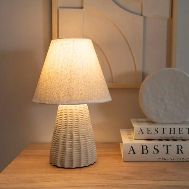 ValueLights Saskia Pair of Beige Ceramic Table Lamps with Fabric Tapered Shades – 2