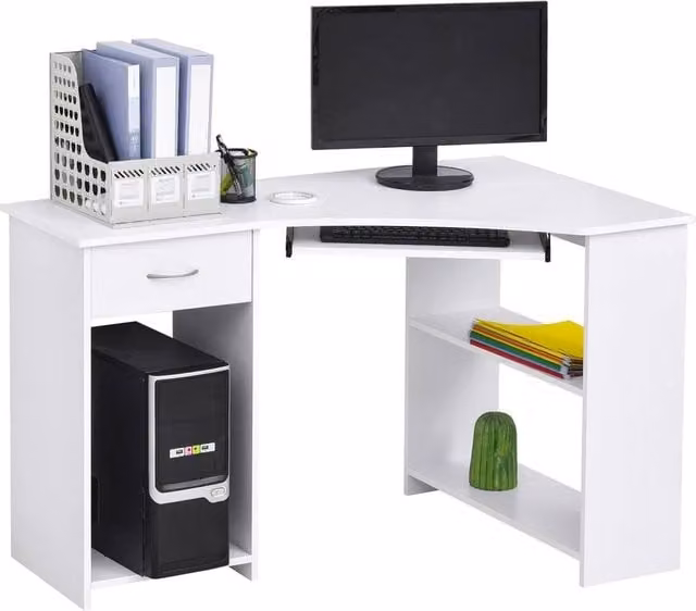 NESTLUNE L-Shaped Corner Computer Desk in White with 2 Shelves, W/D/H: 100 x 15 x 75 cm