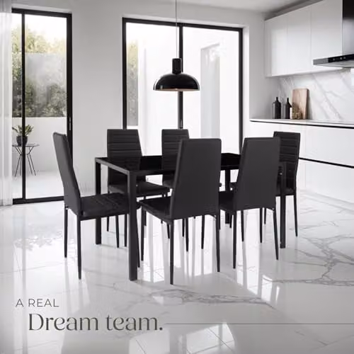 tectake Modern Dining Table Set with 6 Black Faux Leather Chairs and Glass Top – 7