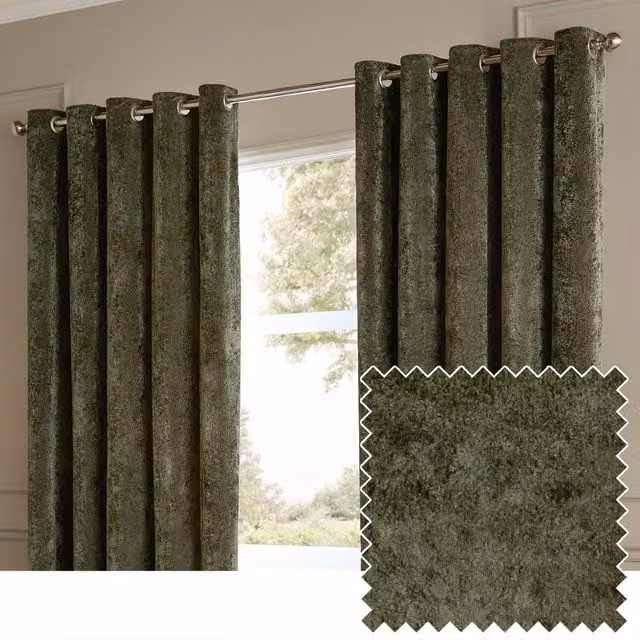 Paoletti Lustre Velvet Eyelet Curtain Pair in Green, Width: 168 cm, Drop: 229 cm – 1