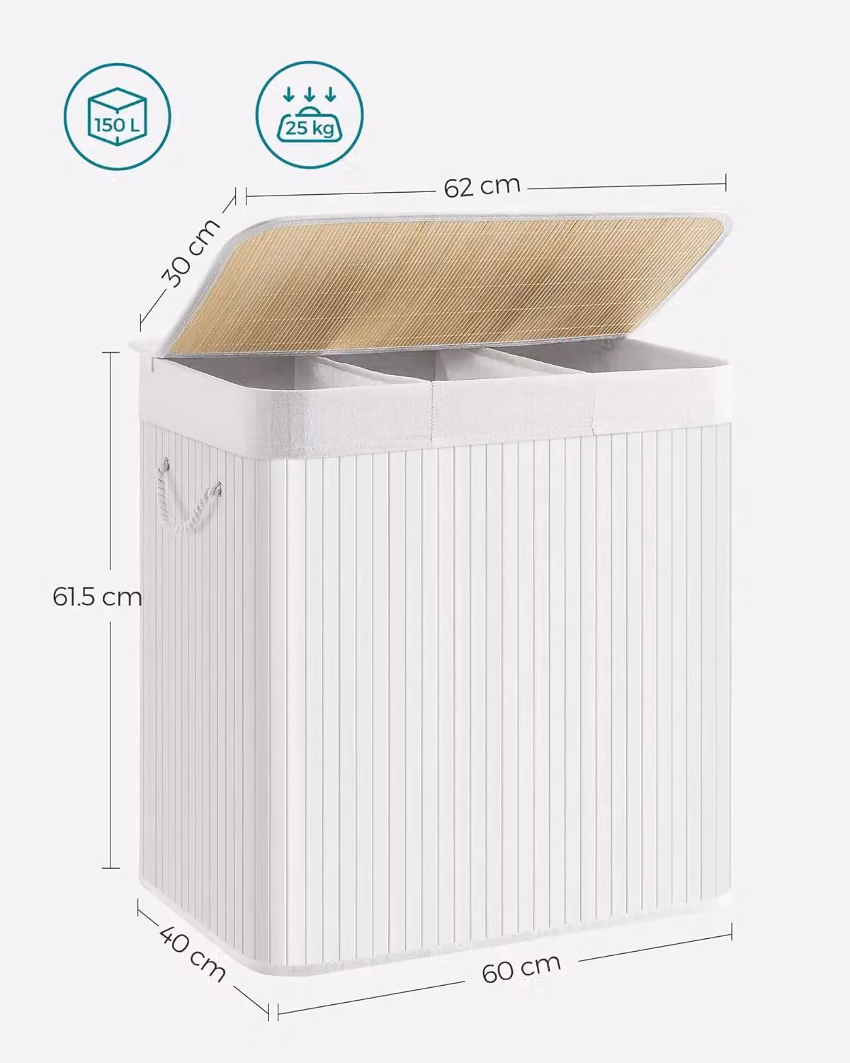 SONGMICS Extra Large 3 Section Laundry Hamper with Bamboo Lid and Handles, White, W/D/H: 120 x 61.5 x 60 cm – 2