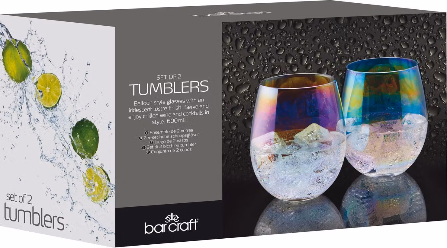 BarCraft Set of 2 Multicolour Iridescent Glass Tumblers, 600ml – 4