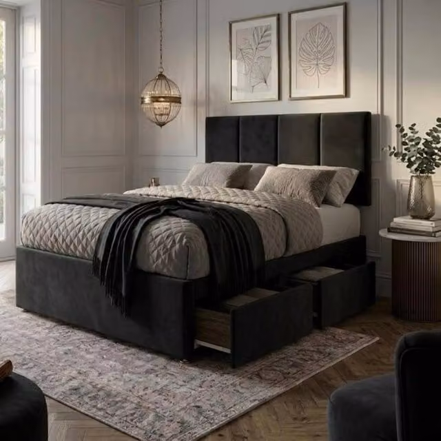 Bed Time UK Plush Divan Bed with Mattress, 20 Inch Vertical Headboard and 2 Drawers, Black, W/D/H: 120 x 200 cm