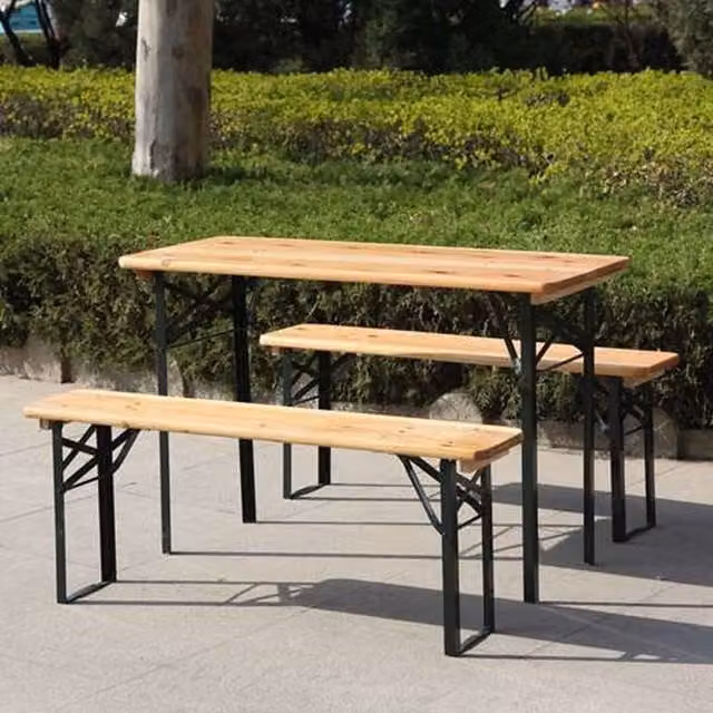 BIRCHTREE 3 Piece Folding Wood Bench Set in Beige and Brown