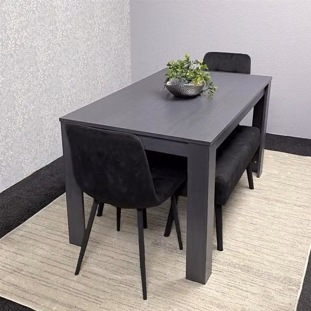 Kosy Koala Modern Rectangular Dining Set with Grey Wood Table, 2 Black Velvet Chairs and 2 Benches