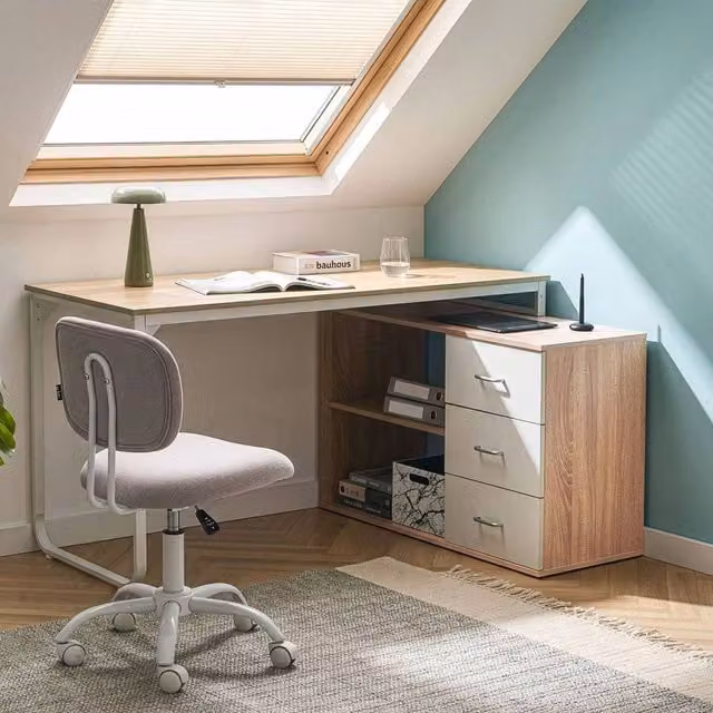 Wyld and Coco Corner Desk in Brown with Metal Legs, W: 140 cm, D: 100 cm, H: 75 cm