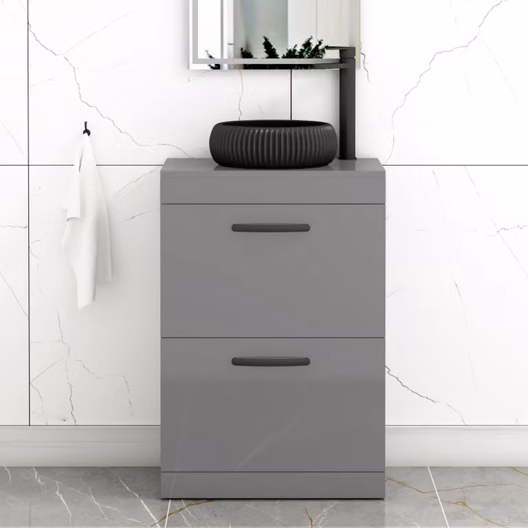 Royal Bathrooms Turin 500mm Floor Standing 2 Drawer Vanity Unit in Indigo Grey Gloss with Milan Black Countertop Basin