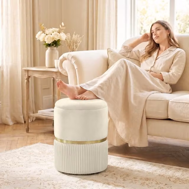 HOMCOM Round Velvet Storage Pouffe and Foot Stool with Padded Seat in Beige