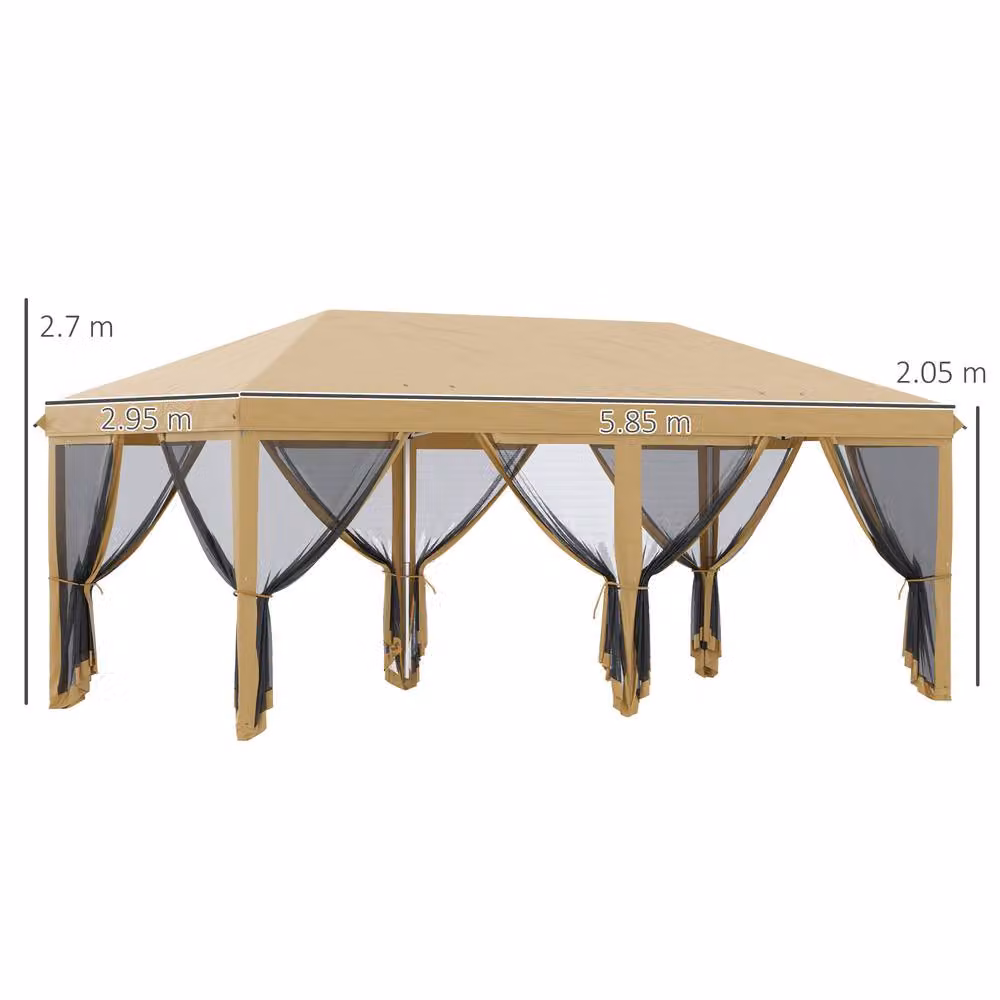 Rolipo Beige Pop Up Gazebo Party Tent with Mesh Walls and Steel Frame, W: 6 m, D: 3 m, H: 2.7 m – 3