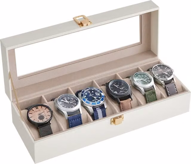 SONGMICS 6-Slot Watch Organiser Box with Glass Lid, White Faux Leather