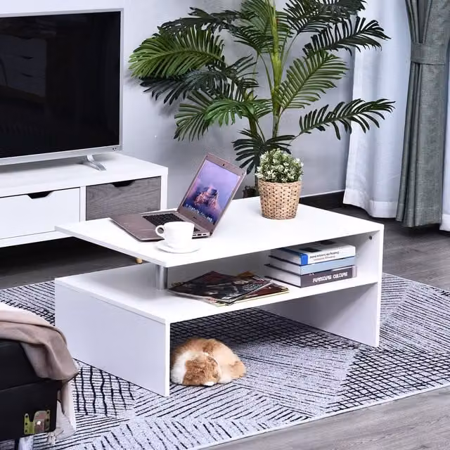 HOMCOM Modern 2 Tier Rectangular Coffee Table with Shelf in White