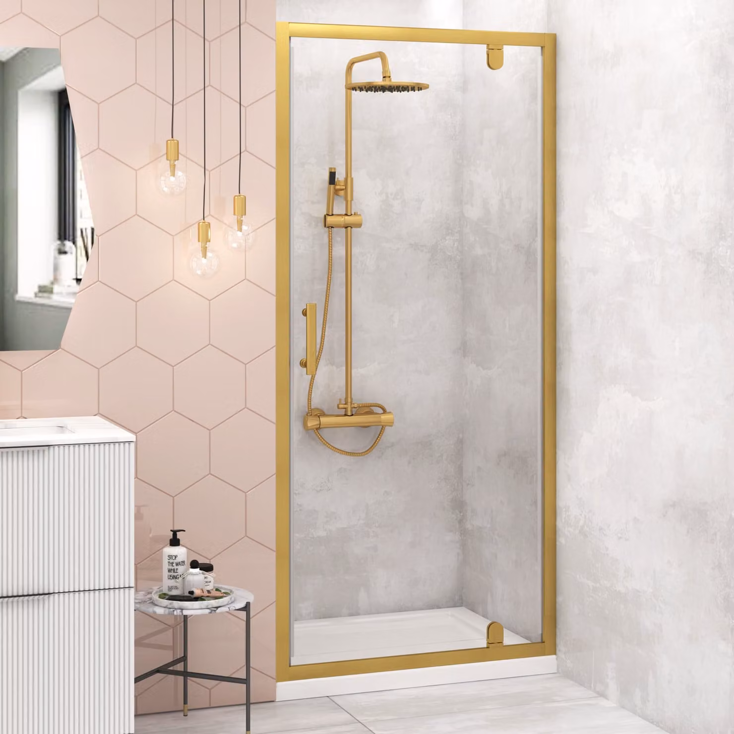 Royal Bathrooms Venice 760mm Pivot Shower Door in Brushed Brass with 6mm Clear Glass